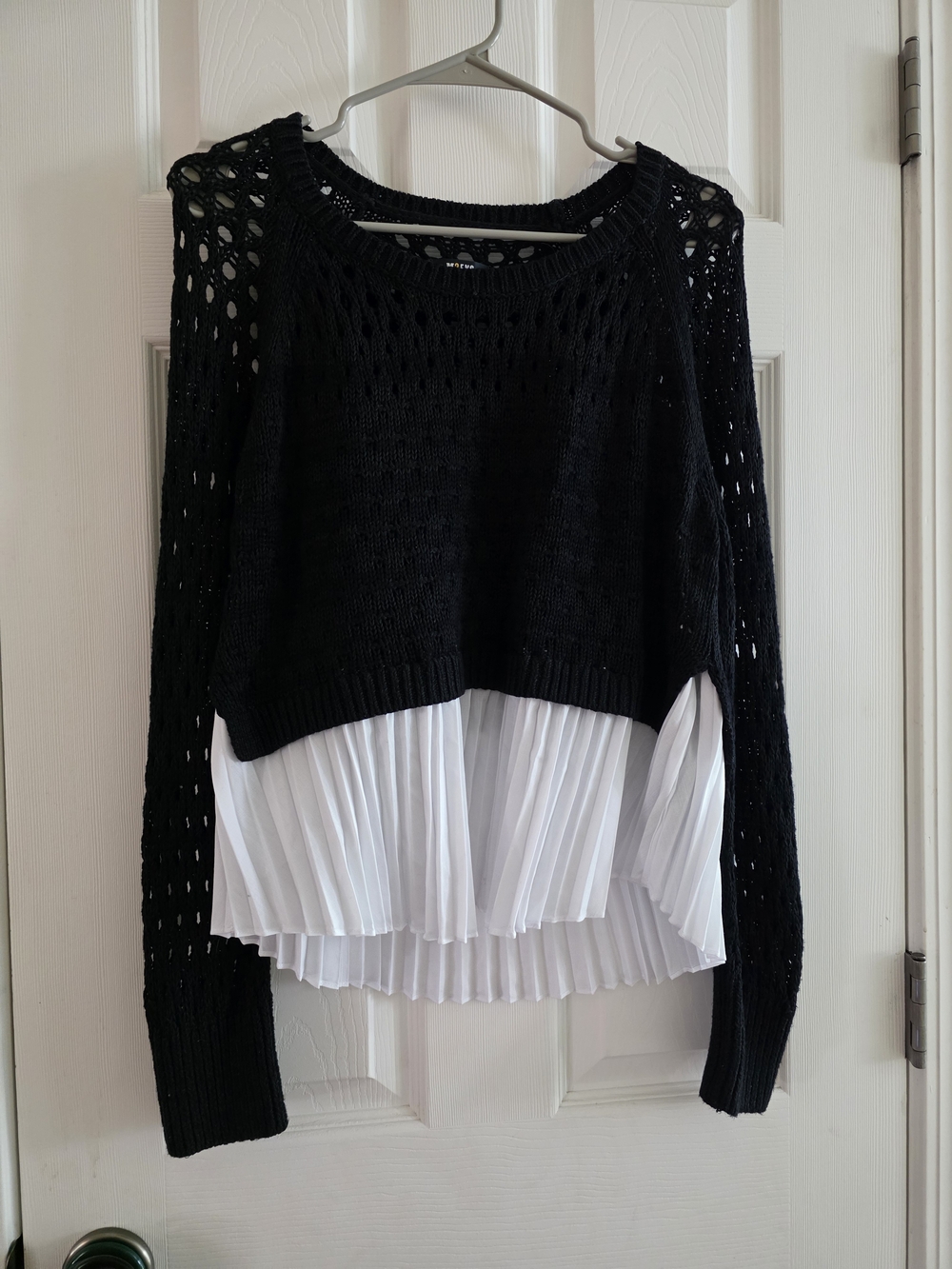 Maeve Black Open-Knit Cropped Sweater with White Pleated Hem